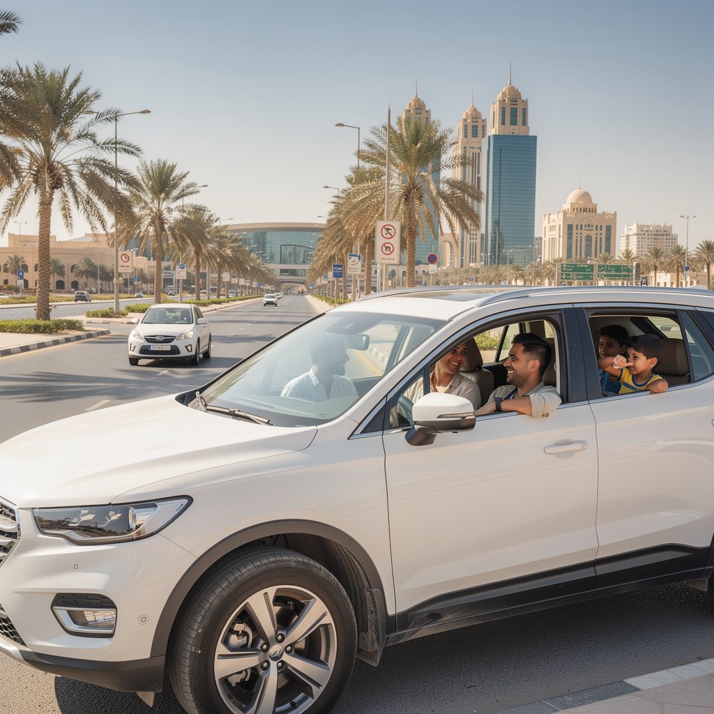 Family traveling in a rental SUV in Bahrain